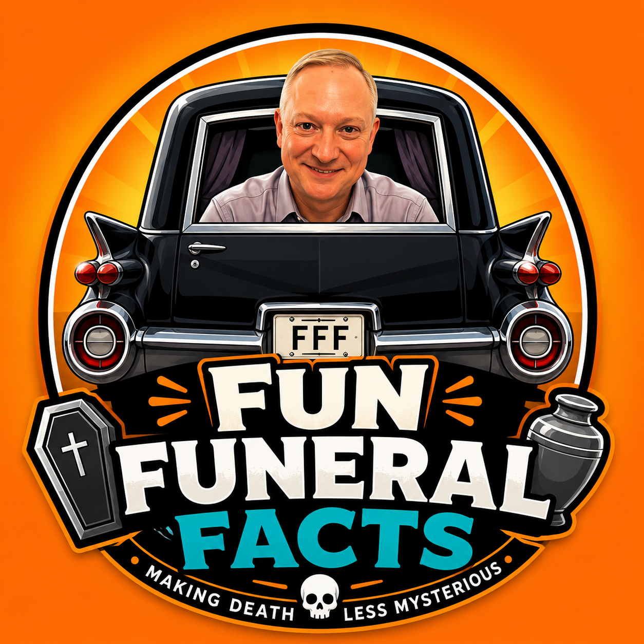 Brad with a vintage hearse and Fun Funeral Facts logo